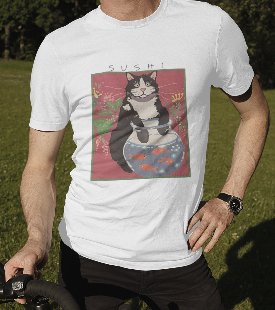 Sushi Cat Holding Fishbowl With Goldfish And Flowers T-Shirt