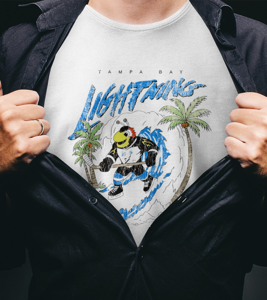 Tampa Bay Lightning Thunderbug Duvin Surfing Hockey Character With Palm Trees T-Shirt