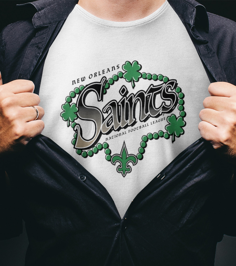 New Orleans Saints St Patrick's Day National Football League Shamrock Beads Fleur De Lis T-Shirt