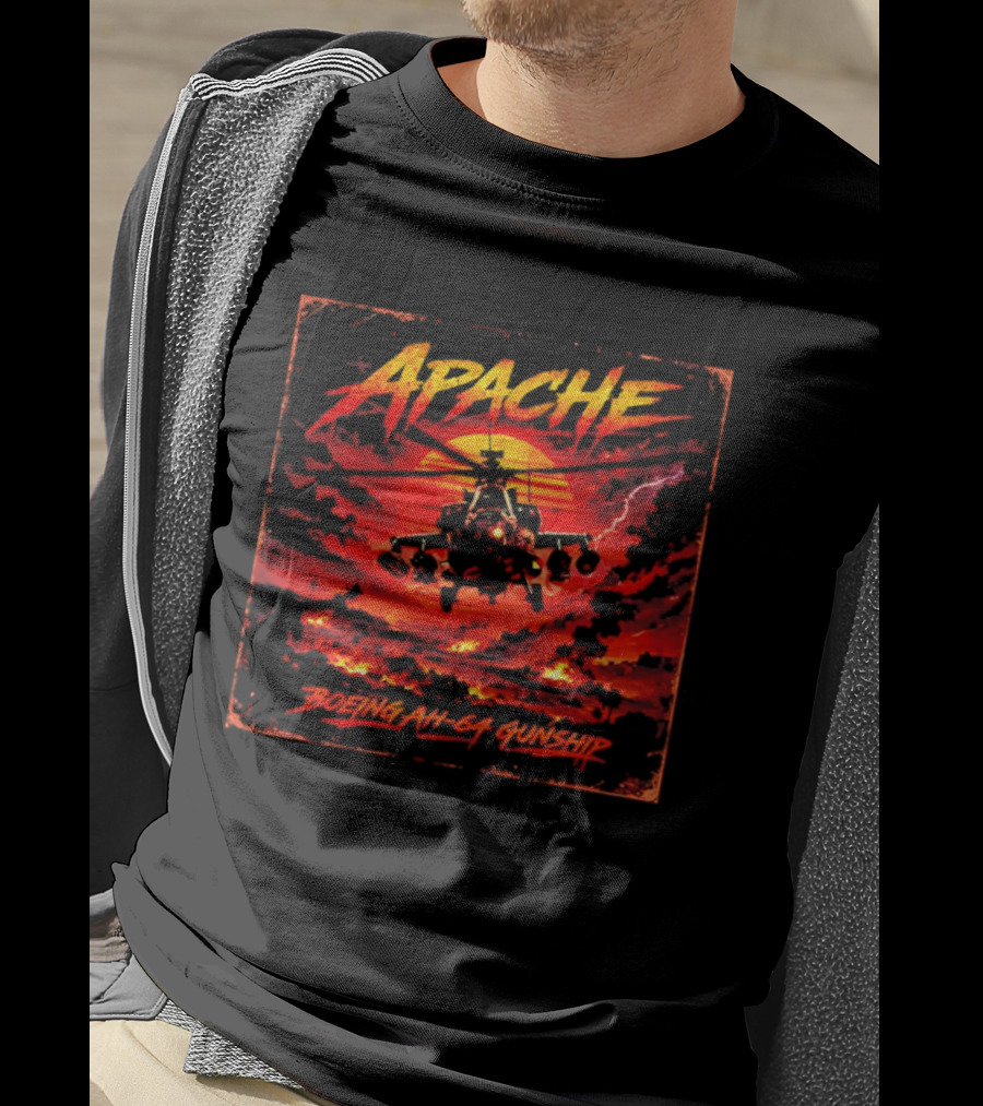 Apache Boeing AH 64 Gunship Sunset Storm Scene T-Shirt