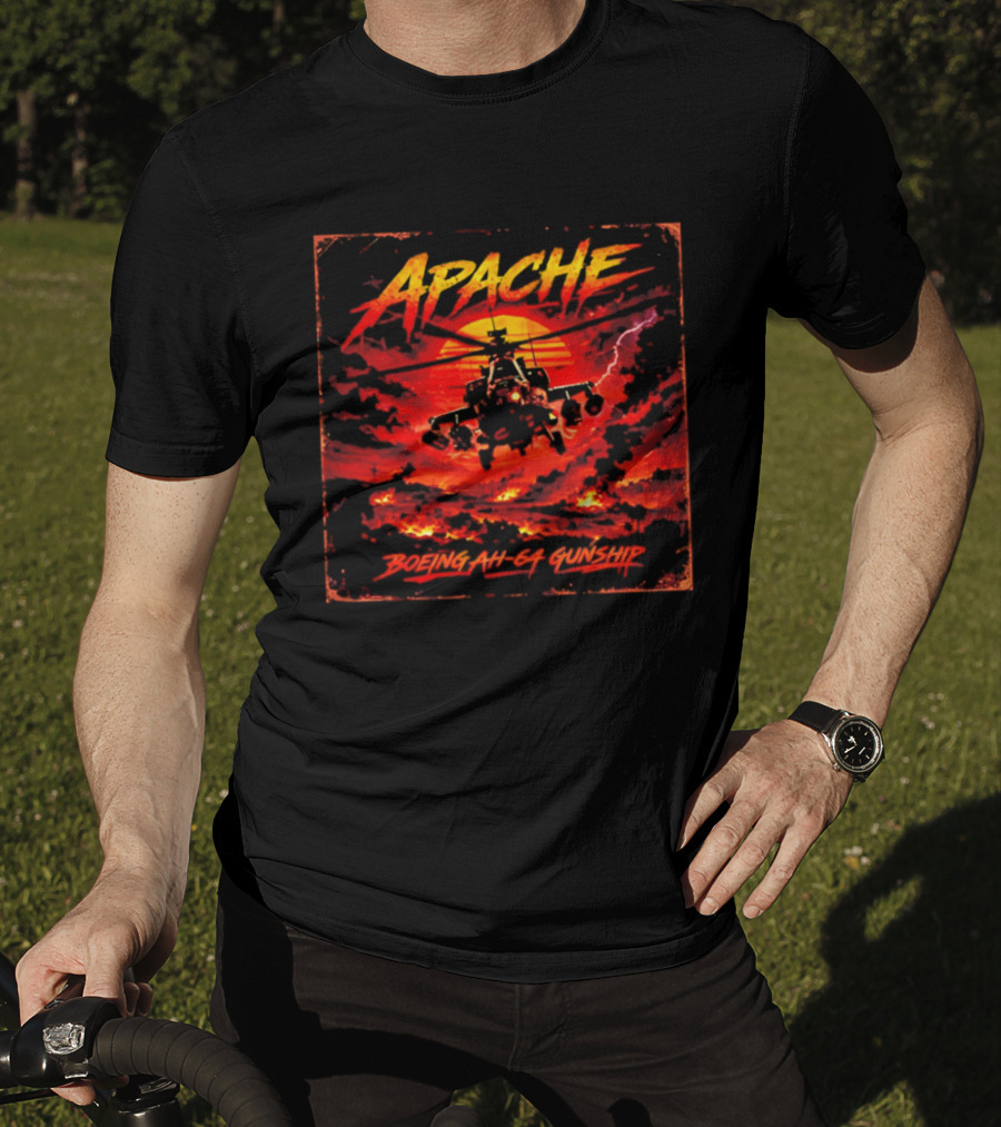 Apache Boeing AH 64 Gunship Sunset Storm Scene T-Shirt