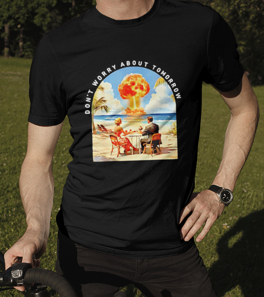 Don't Worry About Tomorrow Matthew 6 34 Atomic Age Retro Beach Explosion T-Shirt