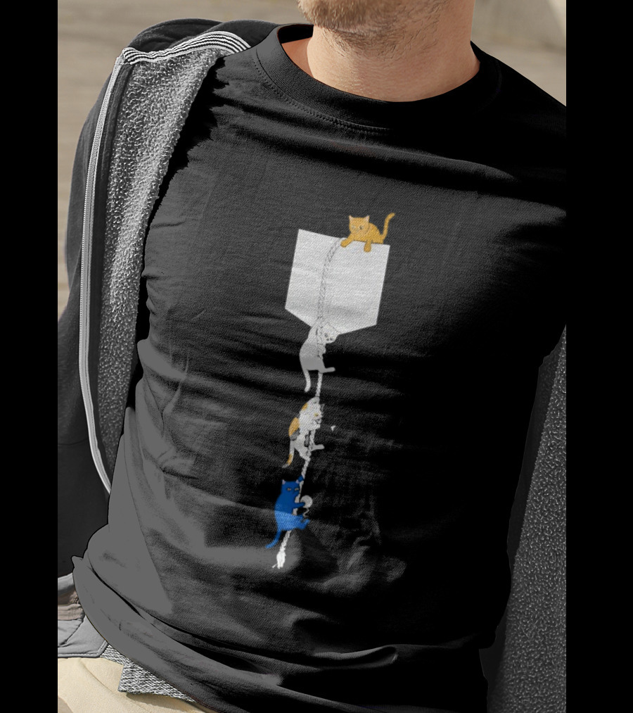 Kittens Climbing Rope From Pocket Whimsical Cat Adventure T-Shirt