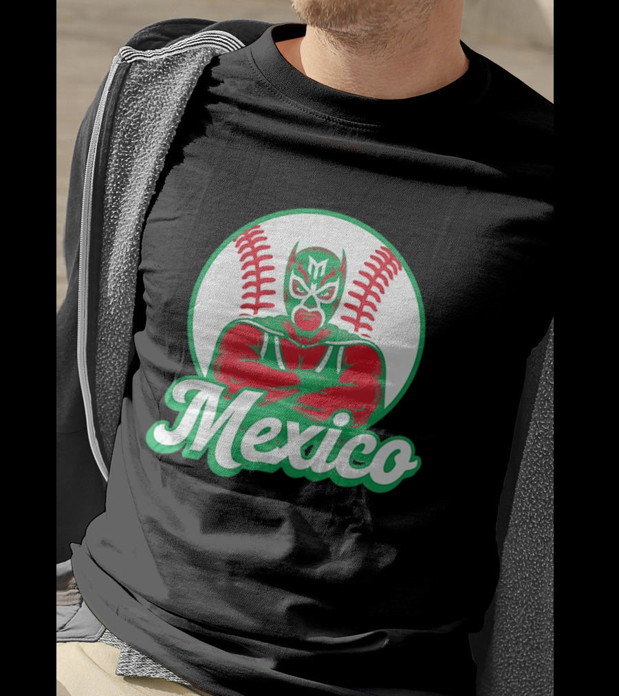 Mexico Luchador Baseball Mask Icon With Arms Crossed In Front Of Baseball Stitch T-Shirt