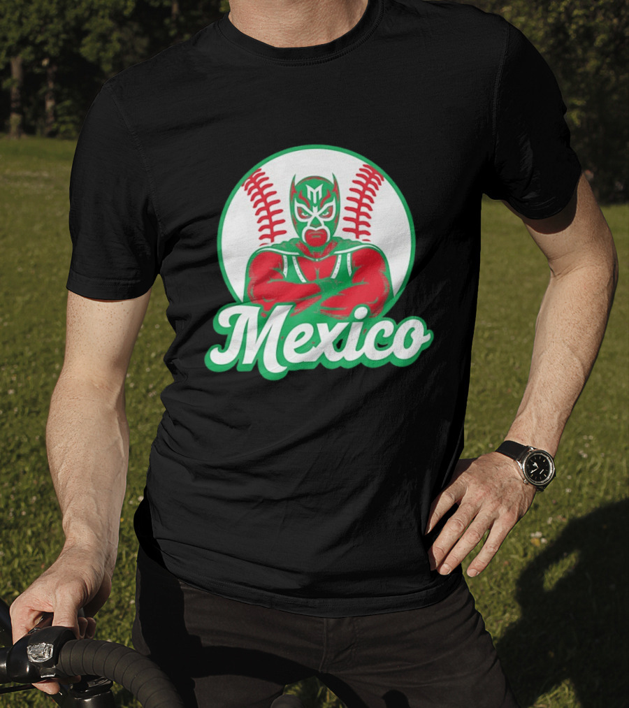 Mexico Luchador Baseball Mask Icon With Arms Crossed In Front Of Baseball Stitch T-Shirt