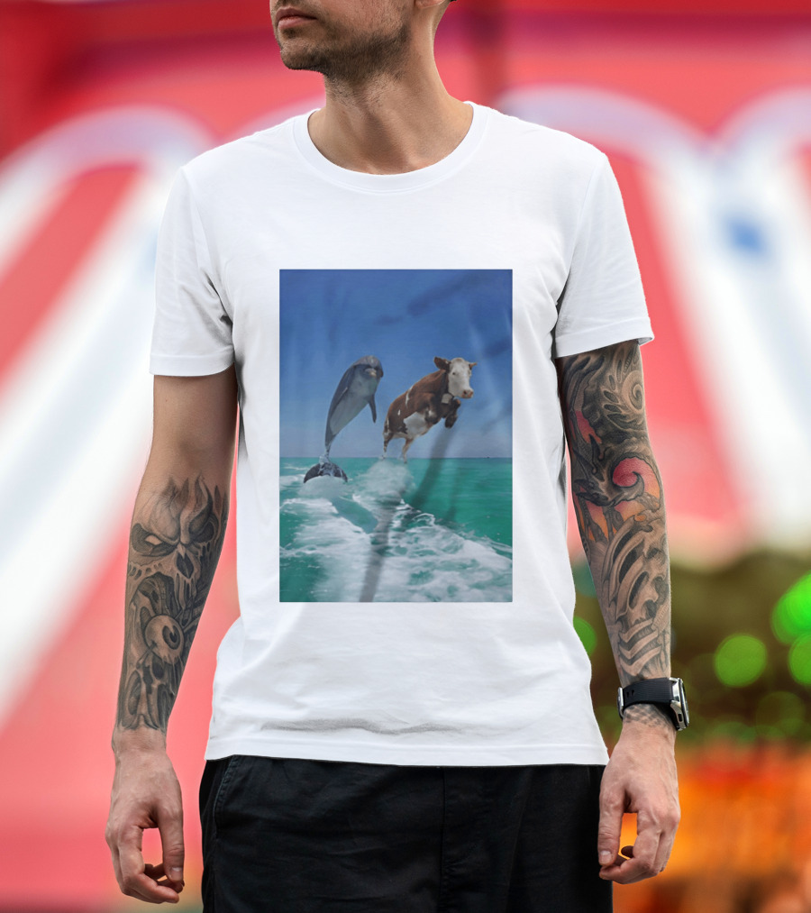 Cow And Dolphin Jumping Out Of Water Ocean Adventure T-Shirt