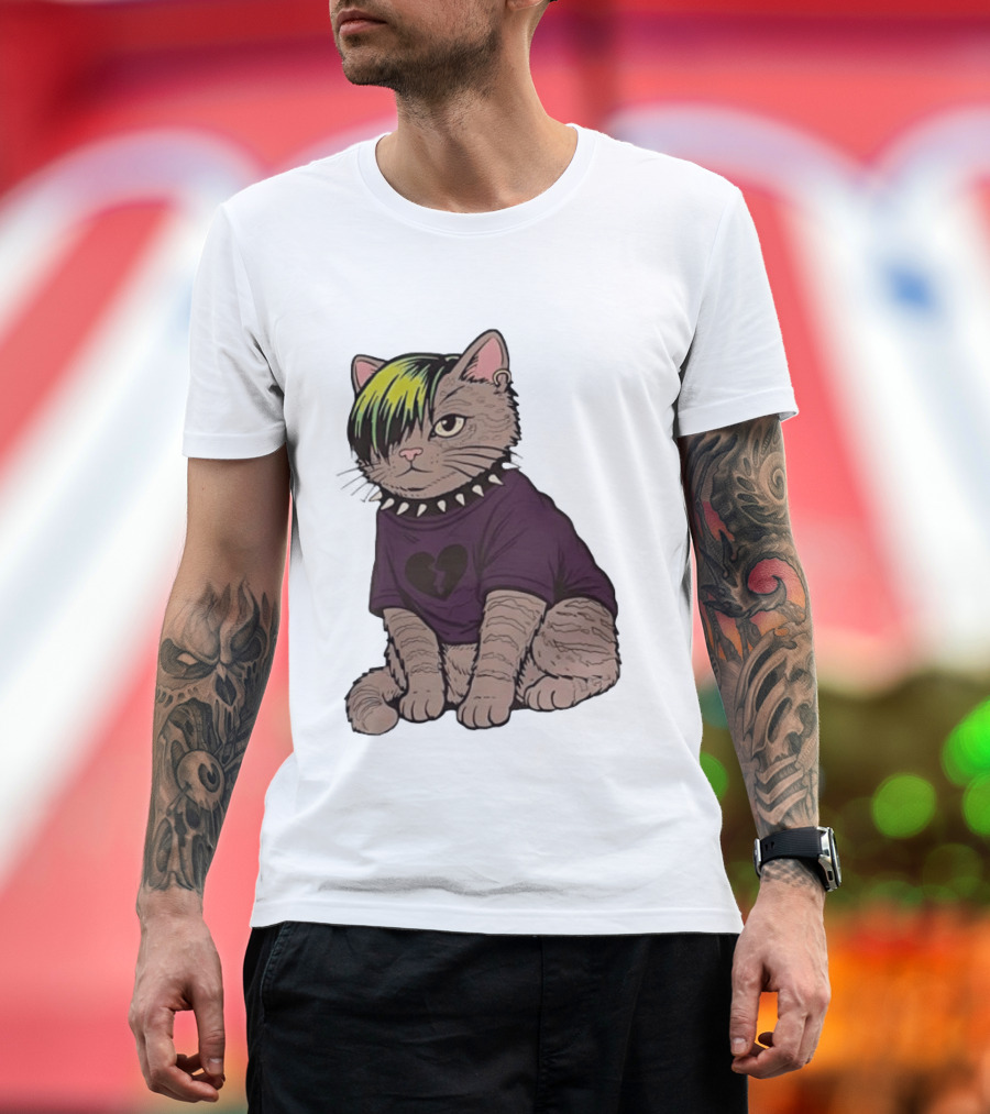 Emo Scene Cat With Heart Break Symbol And Spiked Collar T-Shirt