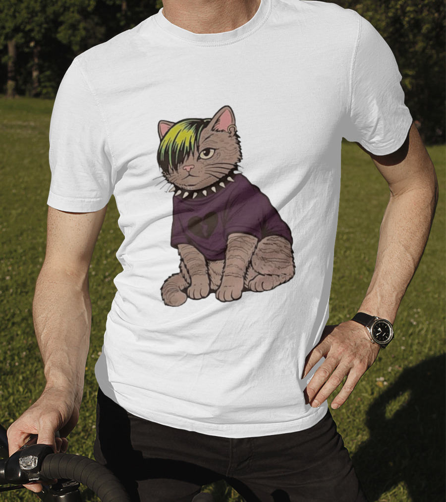 Emo Scene Cat With Heart Break Symbol And Spiked Collar T-Shirt