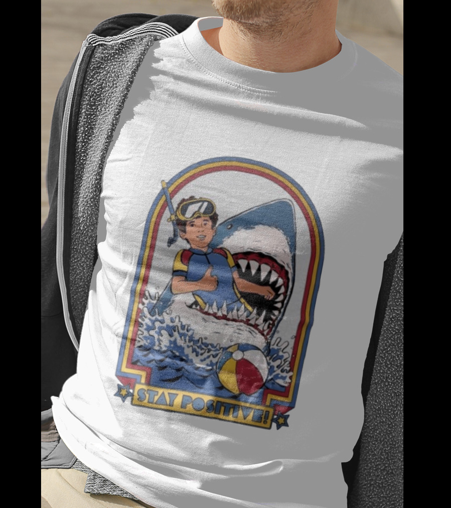 Stay Positive Scuba Boy In Great White Shark Mouth With Beach Ball T-Shirt