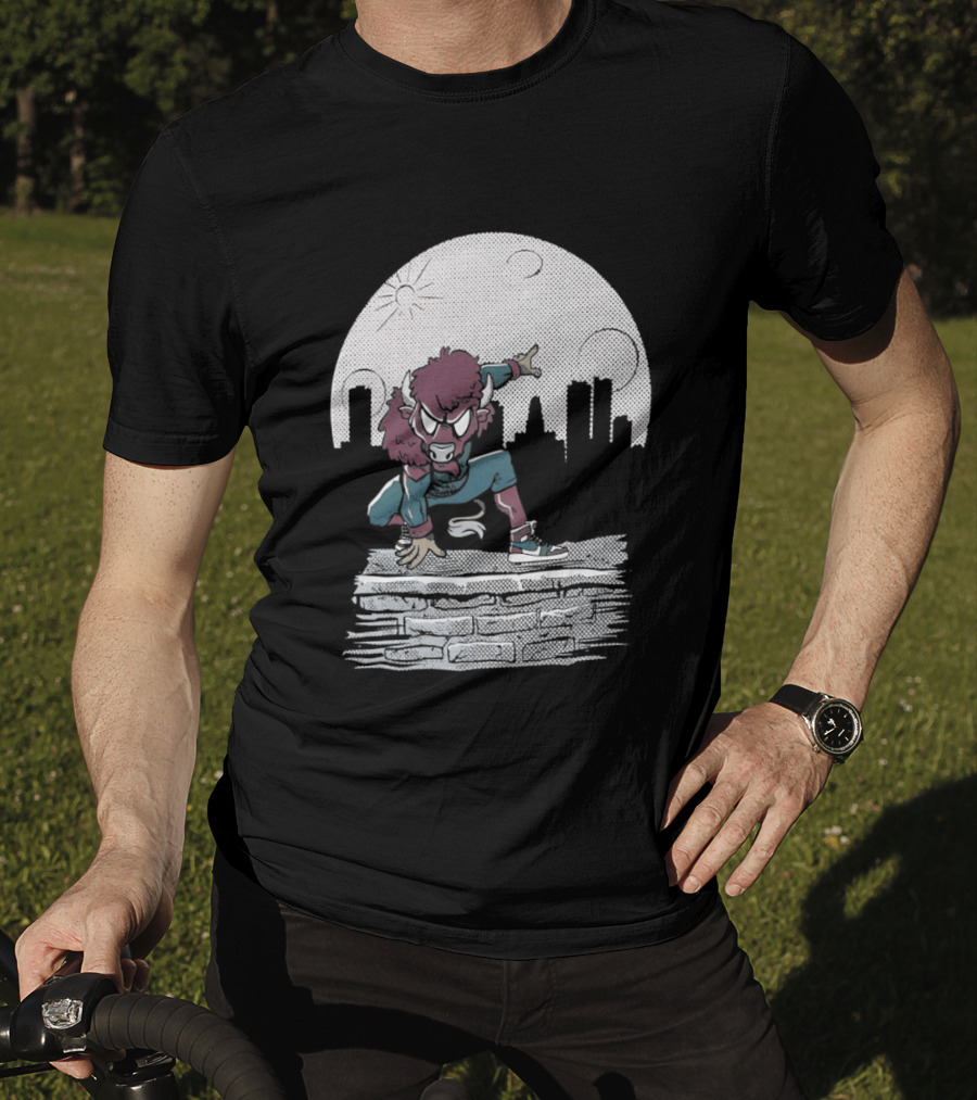 Bison Be A Hero Buffalo Bills Cityscape Dynamic Pose T-Shirt