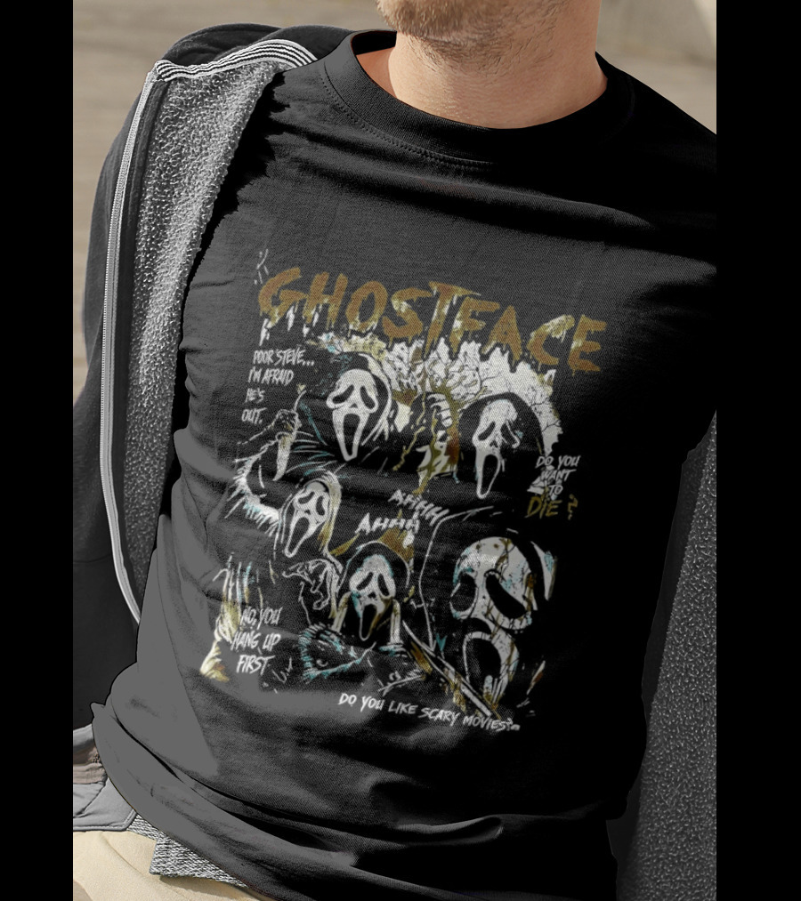 Ghostface Scream Splatter Poor Steve I'm Afraid He's Out T-Shirt