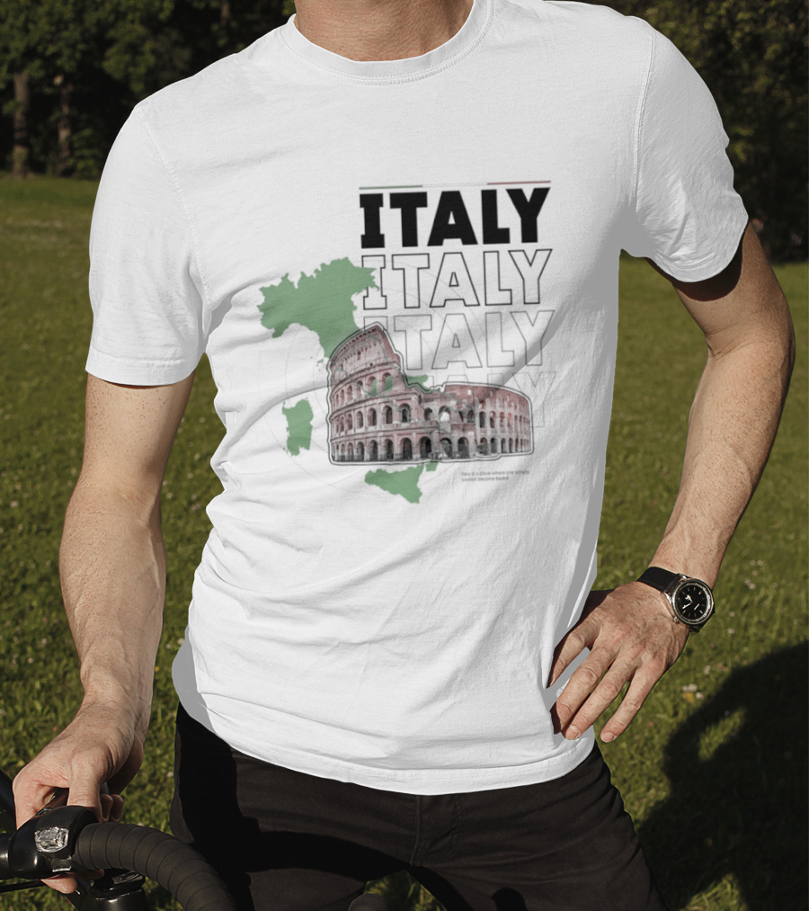 Italy Map And Colosseum Iconic Landmarks Text Heavy Exploration T-Shirt