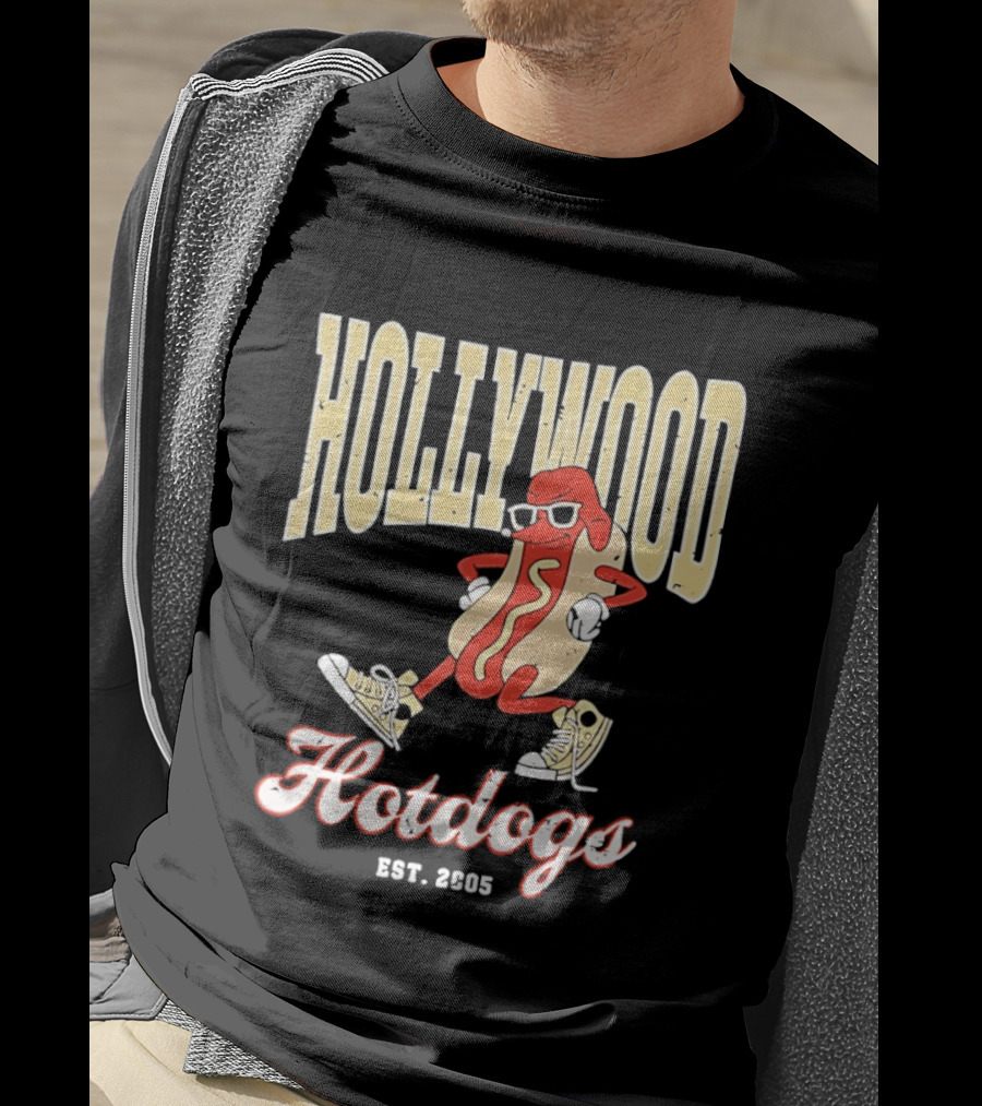 Hollywood Hotdogs Cool Mustard Character With Sunglasses Est 2005 T-Shirt