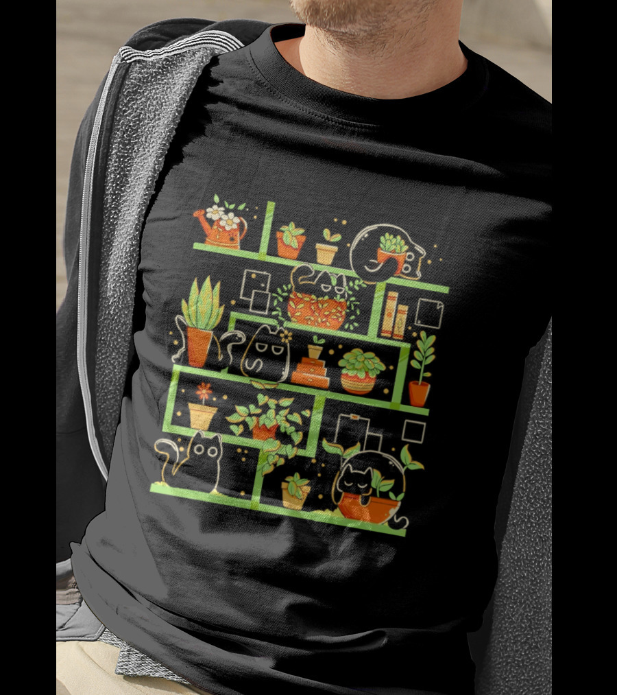 Kitten Garden Shelving With Plants And Teapots T-Shirt