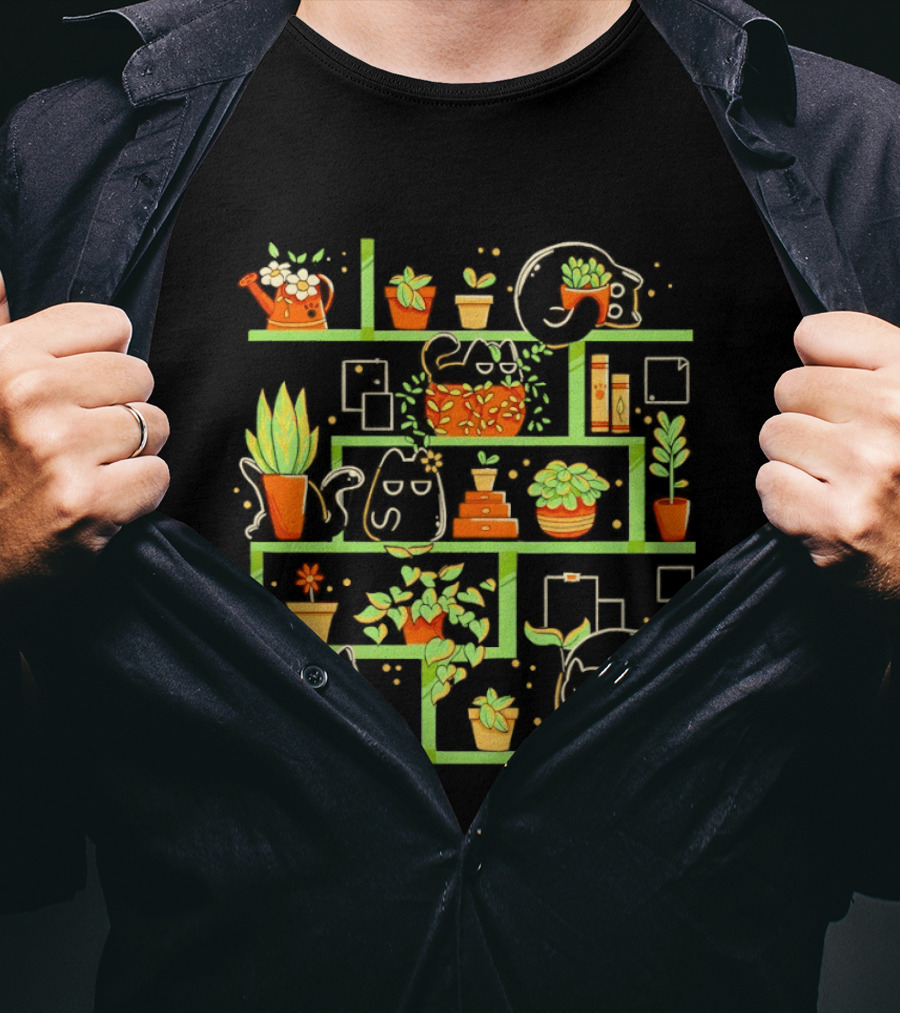 Kitten Garden Shelving With Plants And Teapots T-Shirt