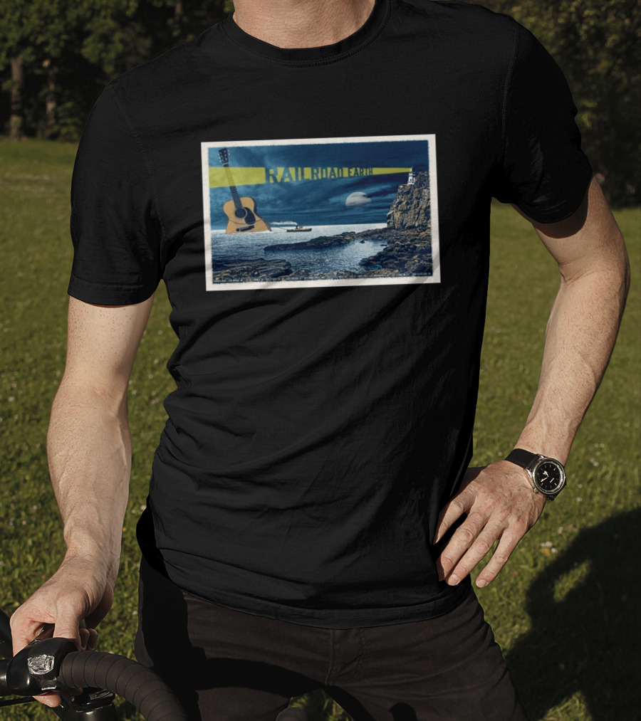 Railroad Earth March 10 2026 Tour Omaha NE Lighthouse Guitar Moonlit Ocean Scene T-Shirt