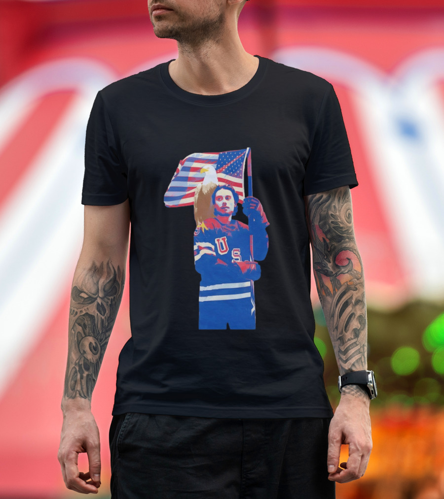USA Hockey Jack Hughes American Flag Bald Eagle T-Shirt