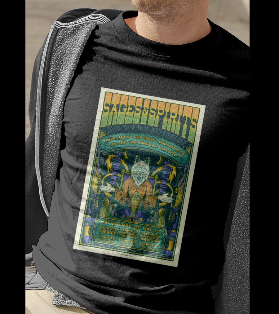 Sages And Spirits May 29 2026 Cervantes Masterpiece Ballroom Denver Colorado Melvin Seals Rob Eaton John Kadlecik Jay Lane Skip Vangelas Jake Wolf T-Shirt