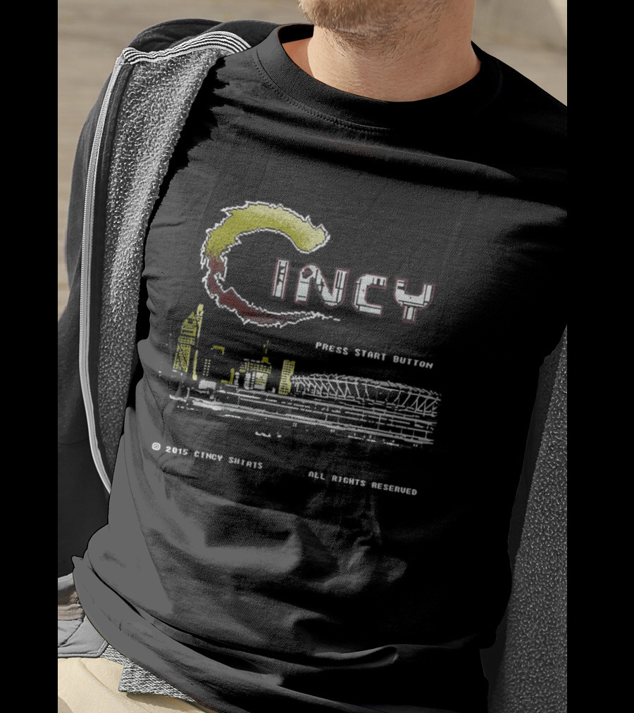 Cincy Press Start Button Pixel Game Cincinnati Reds Skyline T-Shirt