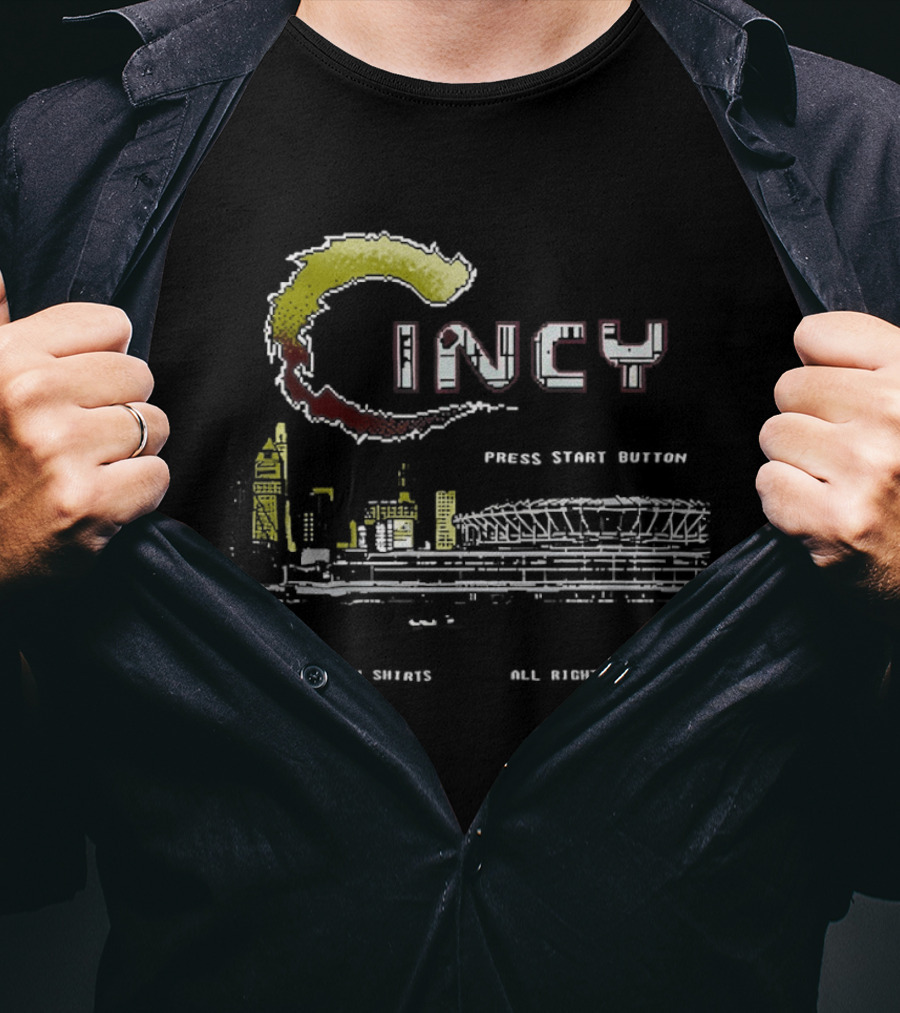 Cincy Press Start Button Pixel Game Cincinnati Reds Skyline T-Shirt