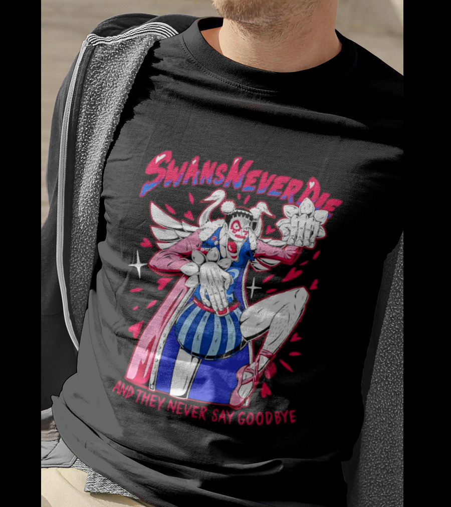 Swans Never Die And They Never Say Goodbye Winged Character Blue Striped Outfit T-Shirt
