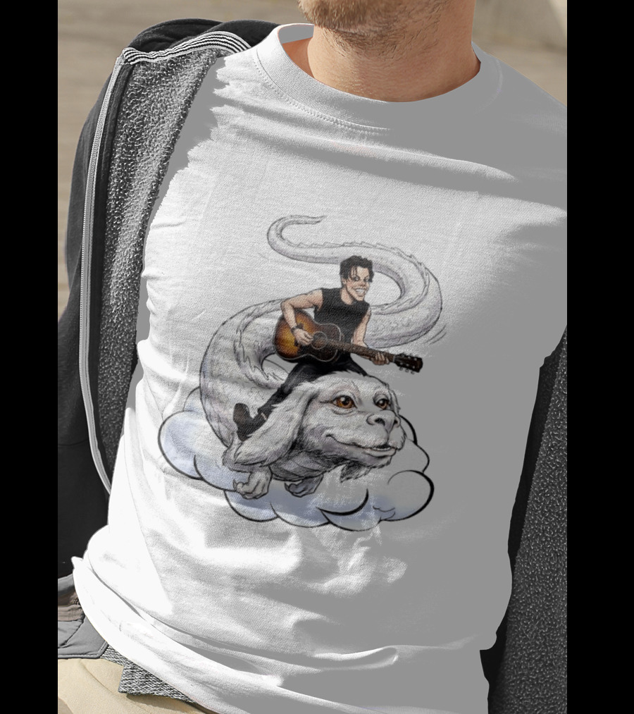 Rock God With Guitar On Falkor Flying Creature Inspired Fantasy Scene T-Shirt