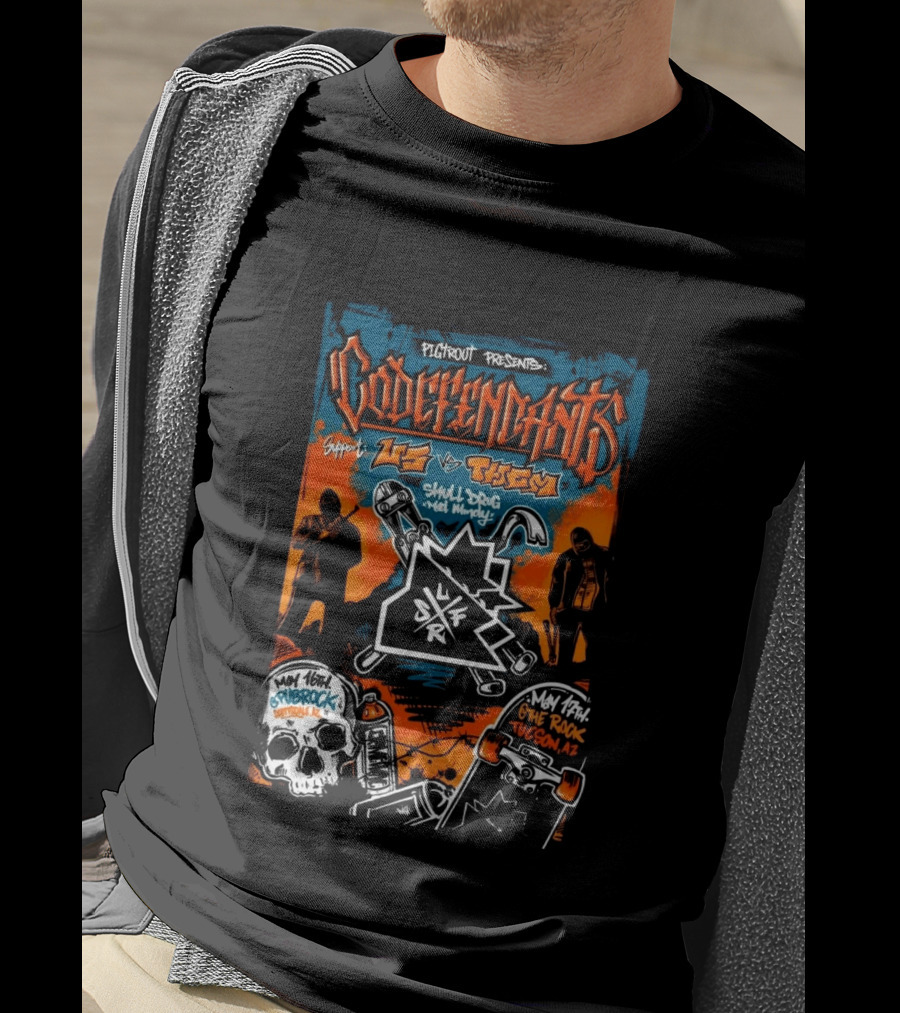 Codefendants Pigifront Presents Us Vs Them May 16 2026 Flagstaff AZ Skateboard Skull Drugs Black And Orange T-Shirt