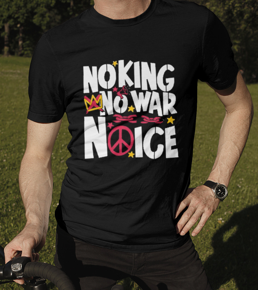 No King No War No ICE Peace Symbol Red Crown Yellow Stars T-Shirt