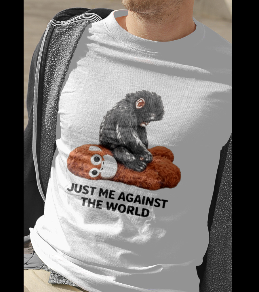 JUST ME AGAINST THE WORLD Gorilla Plush Toy Sitting On Panda T-Shirt