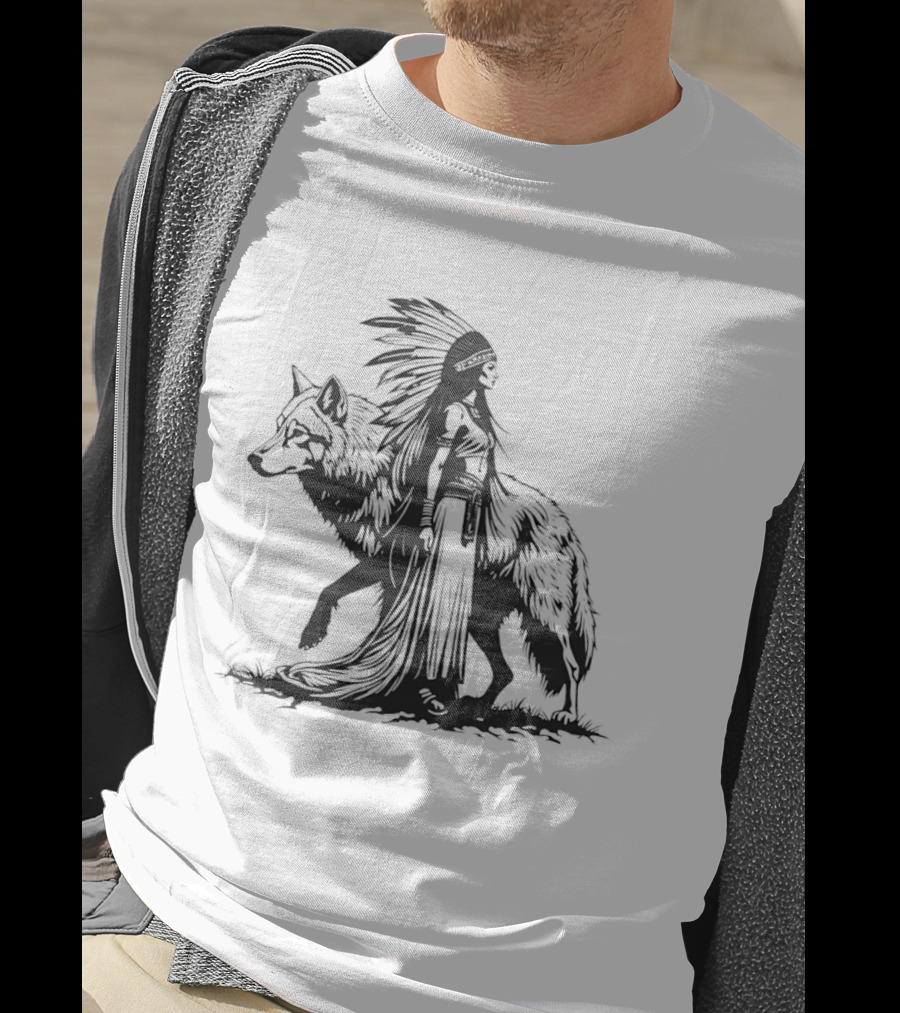 Native Woman And Wolf Connection Tribal Spirit Headdress T-Shirt