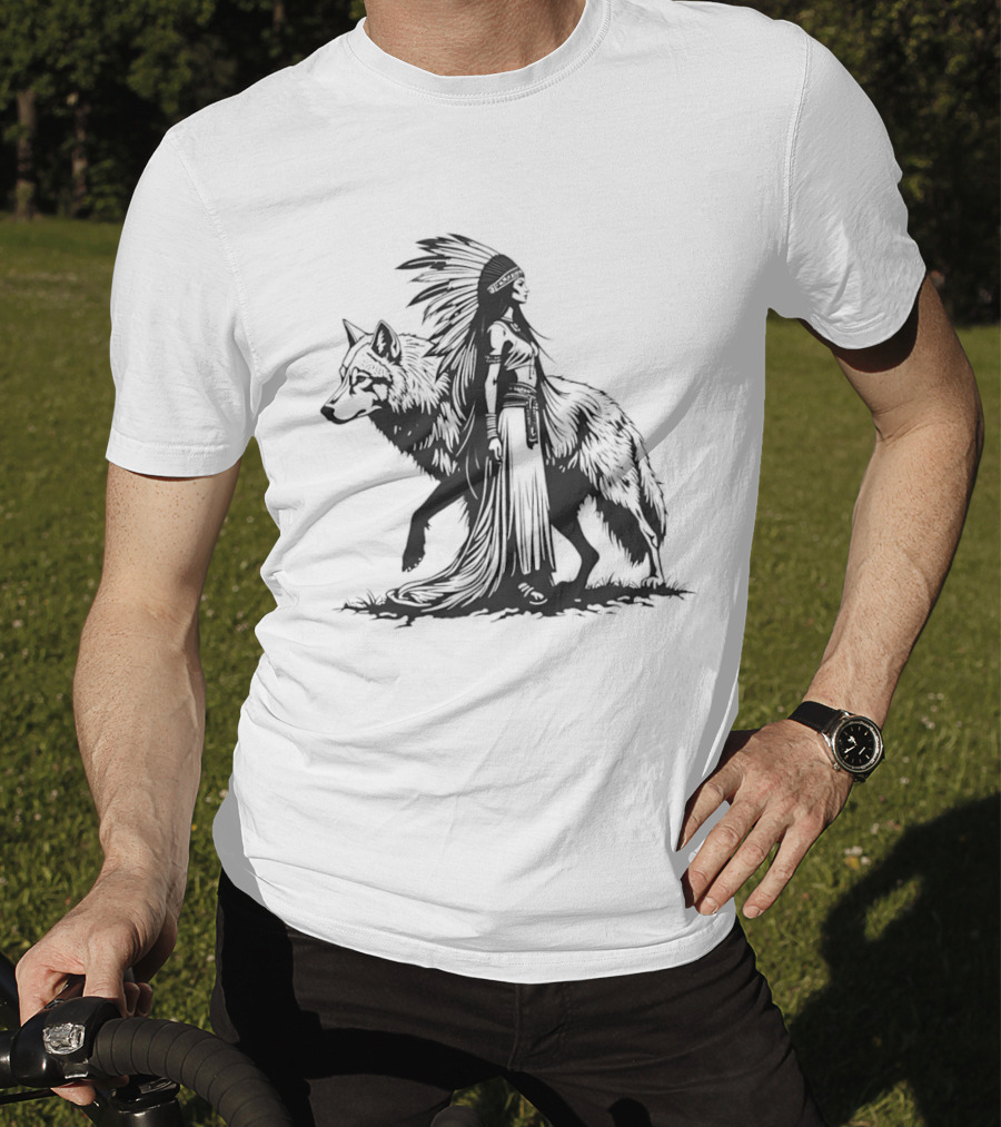 Native Woman And Wolf Connection Tribal Spirit Headdress T-Shirt