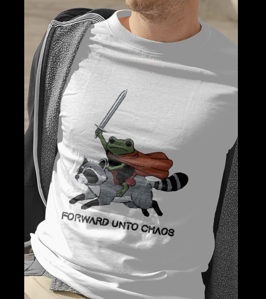Embroidered Sword Wielding Frog Riding Raccoon Forward Unto Chaos T-Shirt
