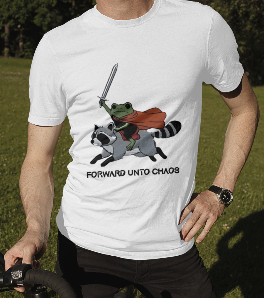 Embroidered Sword Wielding Frog Riding Raccoon Forward Unto Chaos T-Shirt