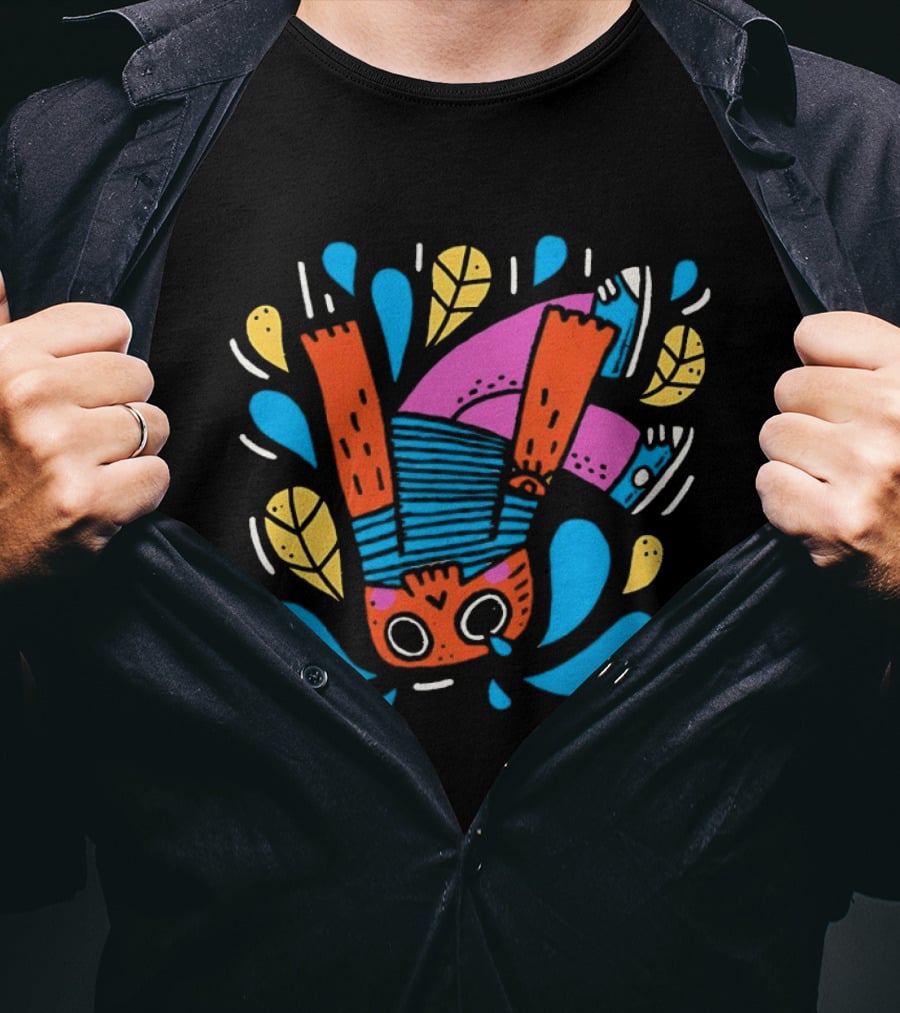 Decaida Downfall Colorful Cartoon Character Upside Down Splash T-Shirt