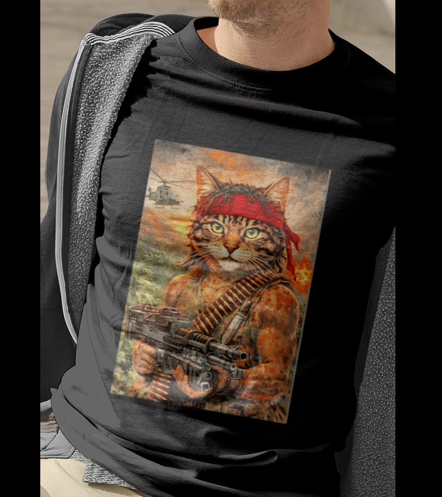Rambo Cat With MG 3 Gun On Battlefield With Helicopter And Jungle Backdrop T-Shirt