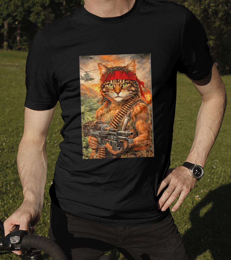 Rambo Cat With MG 3 Gun On Battlefield With Helicopter And Jungle Backdrop T-Shirt