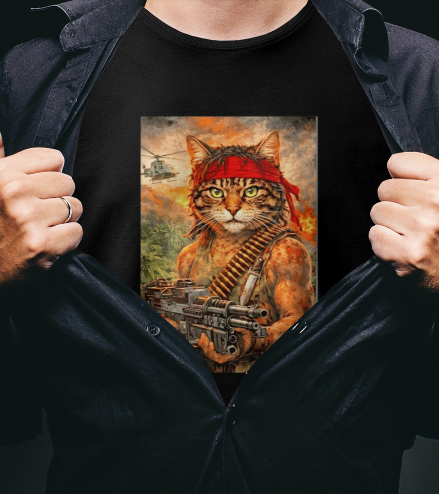 Rambo Cat With MG 3 Gun On Battlefield With Helicopter And Jungle Backdrop T-Shirt