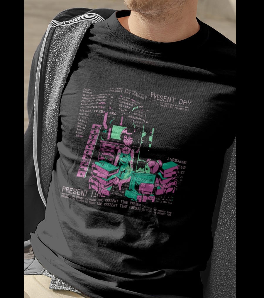 Connect To The Wired Present Day Present Time Retro Tech Aesthetic Stack Of Devices T-Shirt