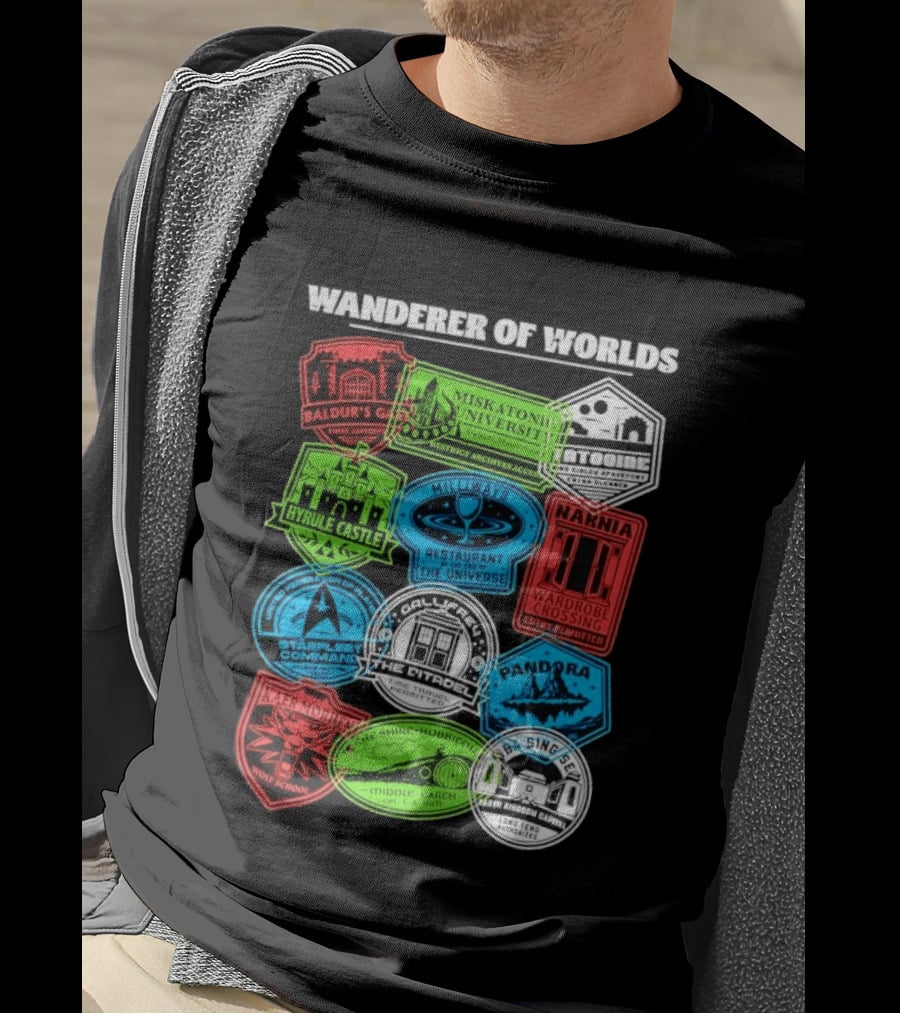 Wanderer Of Worlds Travel Stamps Baldur's Gate Miskatonic Hyrule Middle Earth Narnia T-Shirt