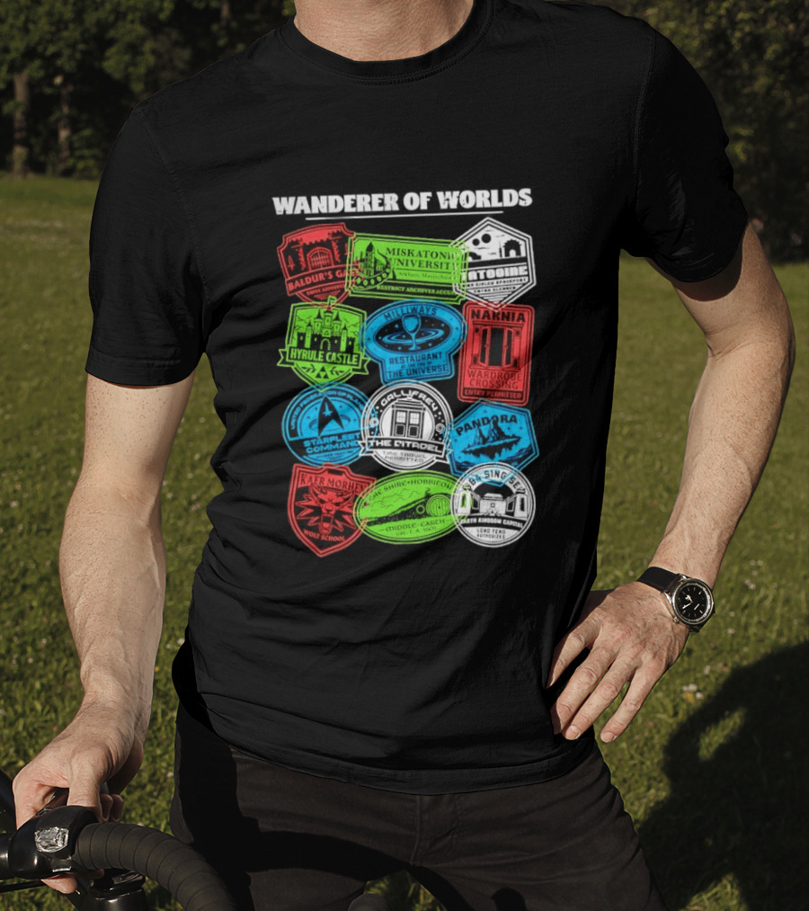 Wanderer Of Worlds Travel Stamps Baldur's Gate Miskatonic Hyrule Middle Earth Narnia T-Shirt