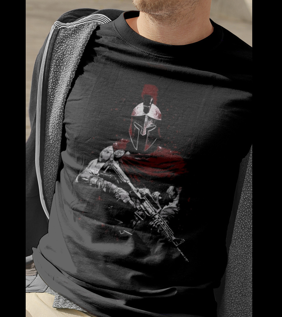 Warrior Ethos Holding Gun Wearing Spartan Helmet Blood Red Cape T-Shirt