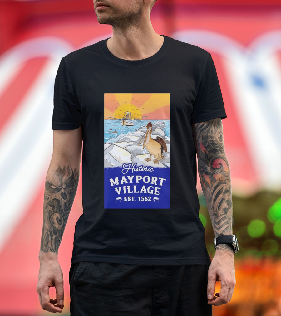 Historic Mayport Village EST 1562 Ocean Sunrise Pelican And Fishing Boat T-Shirt