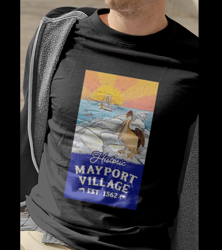 Historic Mayport Village EST 1562 Ocean Sunrise Pelican And Fishing Boat T-Shirt