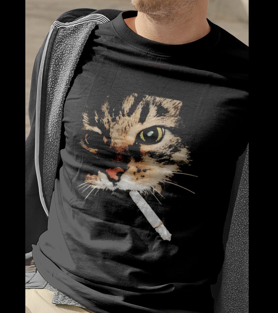 Cat Smoking Big Head Meme Artfully Distorted Feline Expression T-Shirt