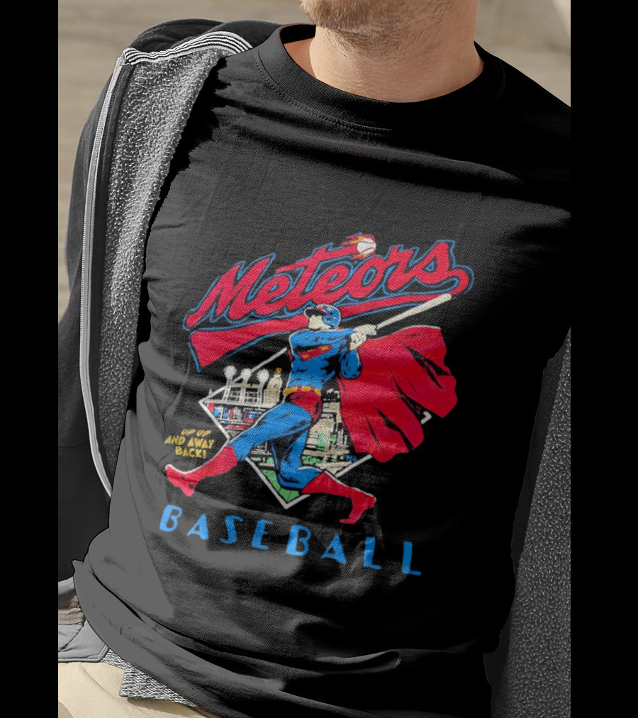 Meteors Baseball Superhero Swinging Bat Power City Stadium Iconic Comic T-Shirt
