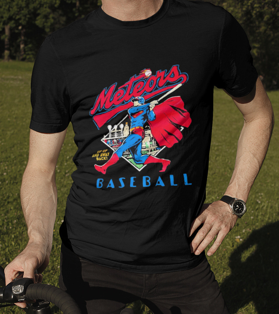 Meteors Baseball Superhero Swinging Bat Power City Stadium Iconic Comic T-Shirt