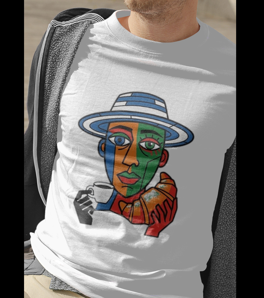 Cubist Coffee Drinker With Hat And Croissant T-Shirt