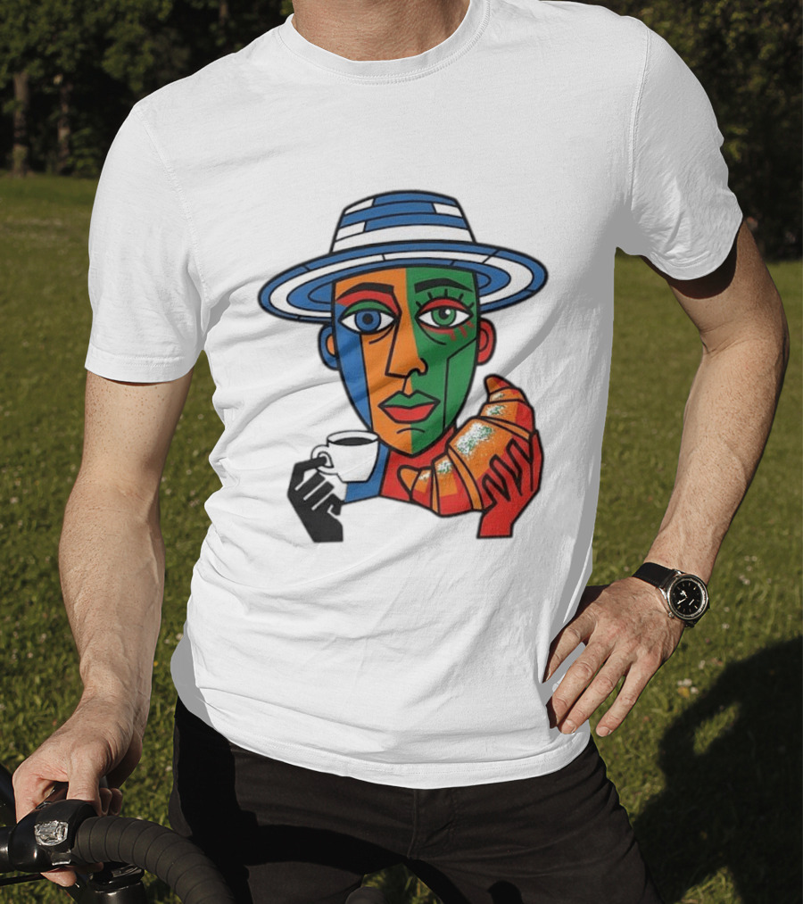 Cubist Coffee Drinker With Hat And Croissant T-Shirt