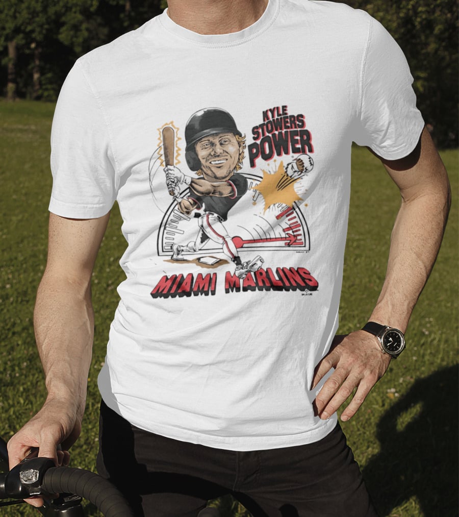 Kyle Stowers Power Miami Marlins Caricature Baseball Swing T-Shirt