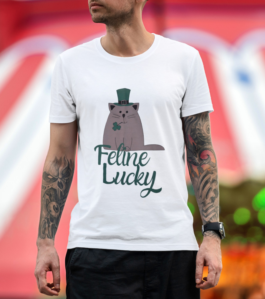 St Patrick's Day Feline Lucky Cat With Shamrock Hat T-Shirt